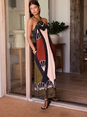 Brown Geo Placement Print Halter Twist Neck Midi Dress - Image 1 of 8