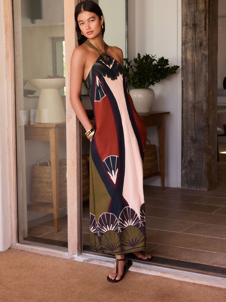 Brown Geo Placement Print Halter Twist Neck Midi Dress - Image 1 of 8