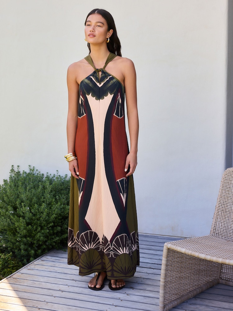 Brown Geo Placement Print Halter Twist Neck Midi Dress - Image 2 of 8