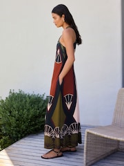 Brown Geo Placement Print Halter Twist Neck Midi Dress - Image 3 of 8