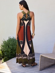 Brown Geo Placement Print Halter Twist Neck Midi Dress - Image 4 of 8