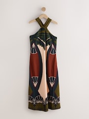 Brown Geo Placement Print Halter Twist Neck Midi Dress - Image 6 of 8