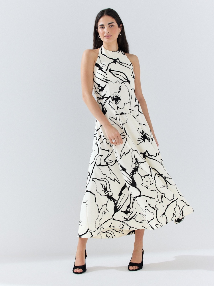 Monochrome Print Halter Neck Midi Occasion Dress - Image 2 of 8