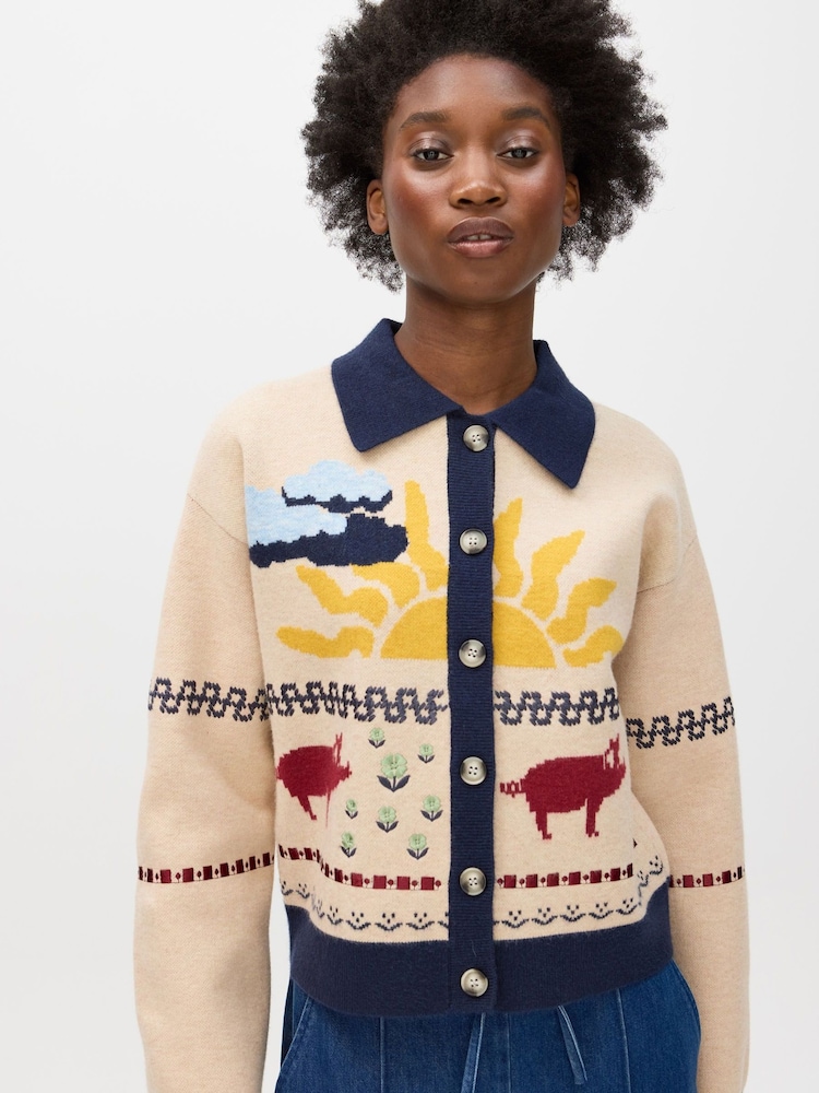 Oliver Bonas Natural Farmyard Collared Button Up Knitted Cardigan - Image 1 of 8 Oliver Bonas Natural Farmyard Collared Button Up Knitted Cardigan - Image 1 of 8