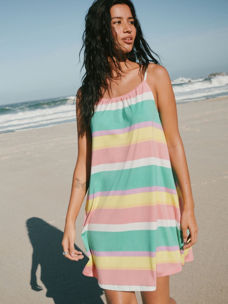 Green/Pink Stripe Lightweight Mini Dress - Image 1 of 7