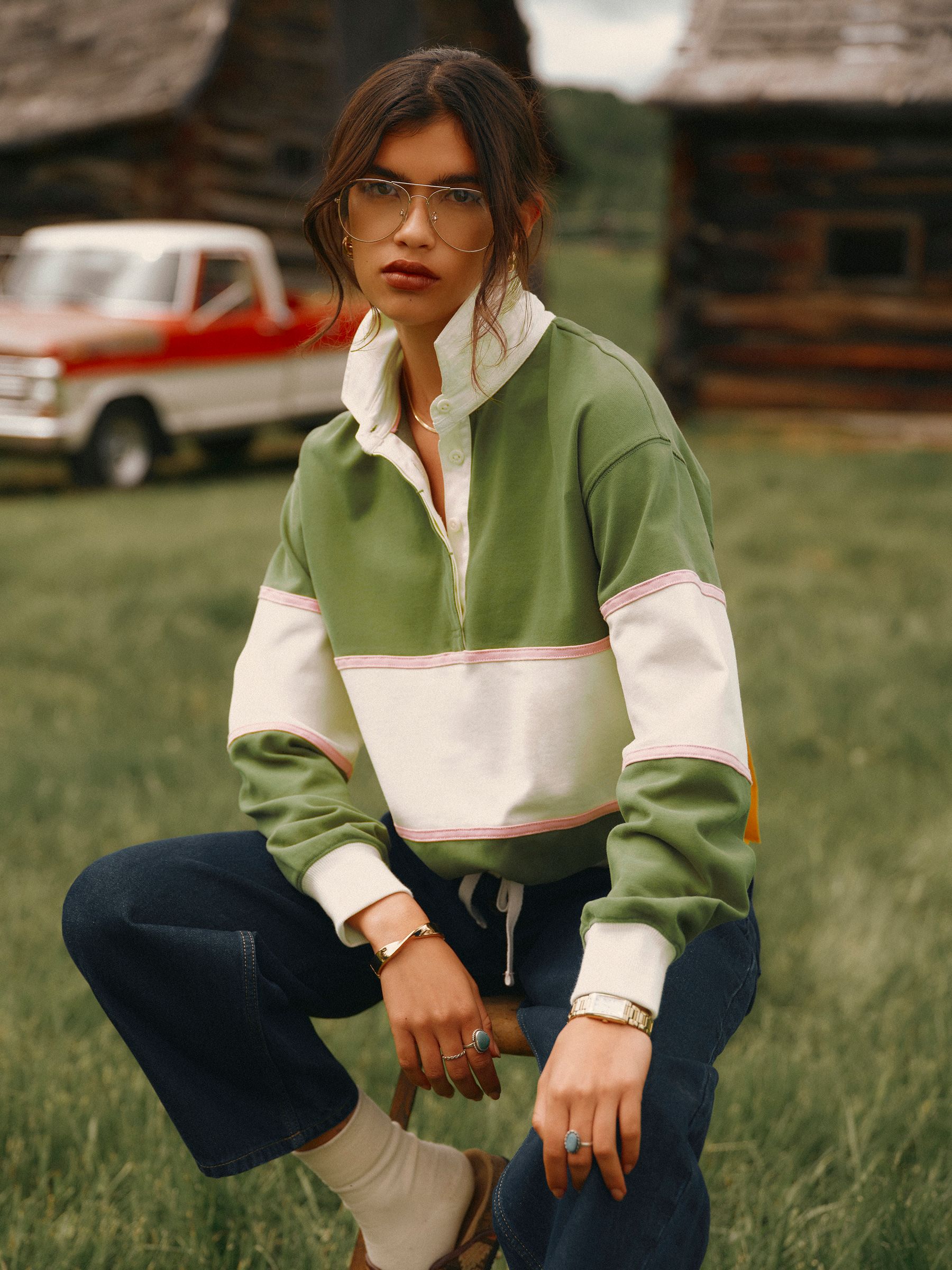 Joules Green Striped Long Sleeve Cotton Collared Rugby Deckshirt - Image 1