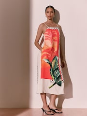 Kew Collection Red/Orange Palm Print Square Neck Cami Midi Dress - Image 1 of 8