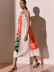 Kew Collection Red/Orange Palm Print Square Neck Cami Midi Dress - Image 2 of 8