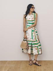Green/White Rope Print Halter Shirt Midi Belted Dress - Image 1 of 7