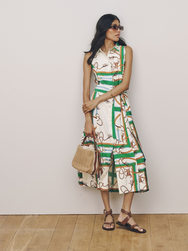 Green/White Rope Print Halter Shirt Midi Belted Dress - Image 1 of 7 Green/White Rope Print Halter Shirt Midi Belted Dress - Image 1 of 7