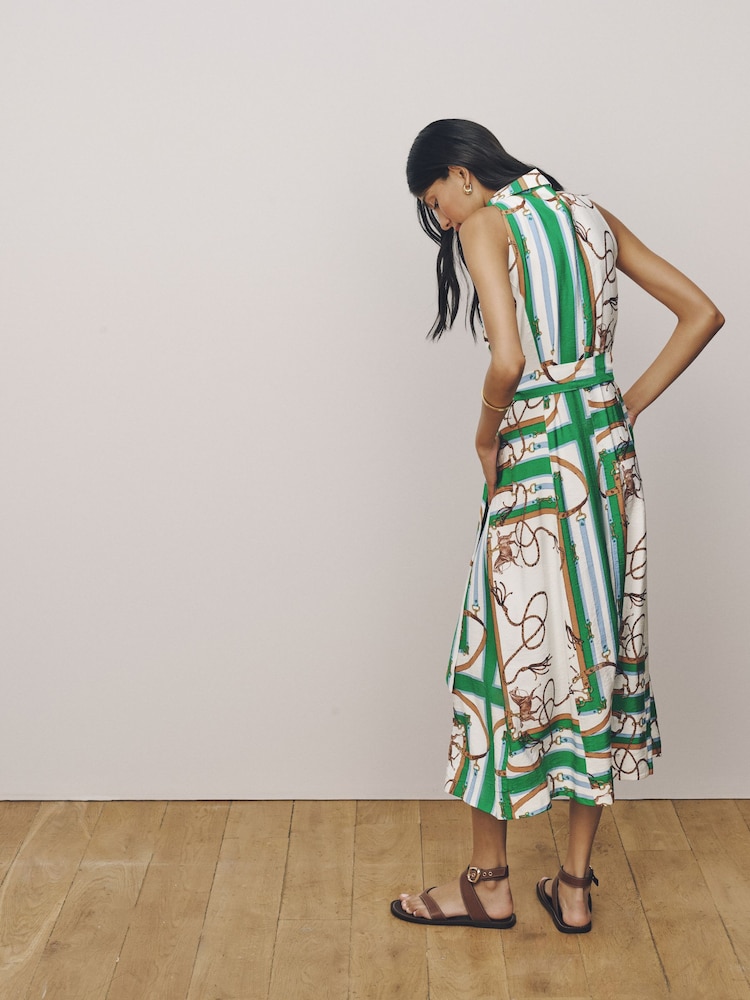 Green/White Rope Print Halter Shirt Midi Belted Dress - Image 2 of 7 Green/White Rope Print Halter Shirt Midi Belted Dress - Image 2 of 7