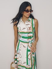 Green/White Rope Print Halter Shirt Midi Belted Dress - Image 4 of 7