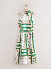 Green/White Rope Print Halter Shirt Midi Belted Dress - Image 5 of 7