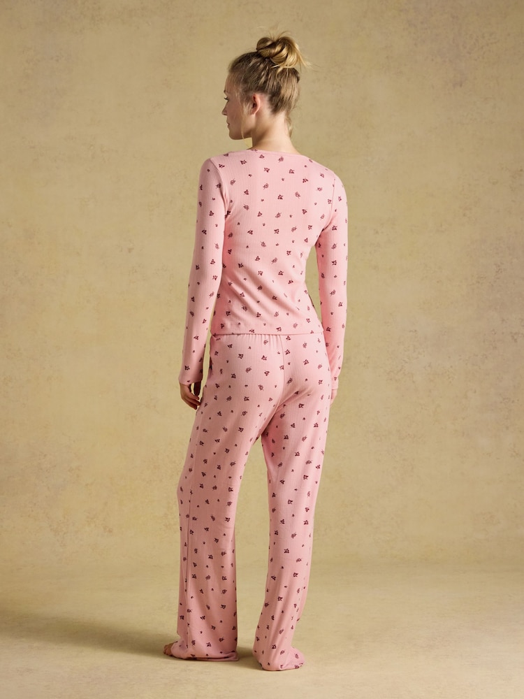 Pointelle Pink Floral Printed Cotton Long Sleeve Pyjama Set - Image 2 of 7 Pointelle Pink Floral Printed Cotton Long Sleeve Pyjama Set - Image 2 of 7