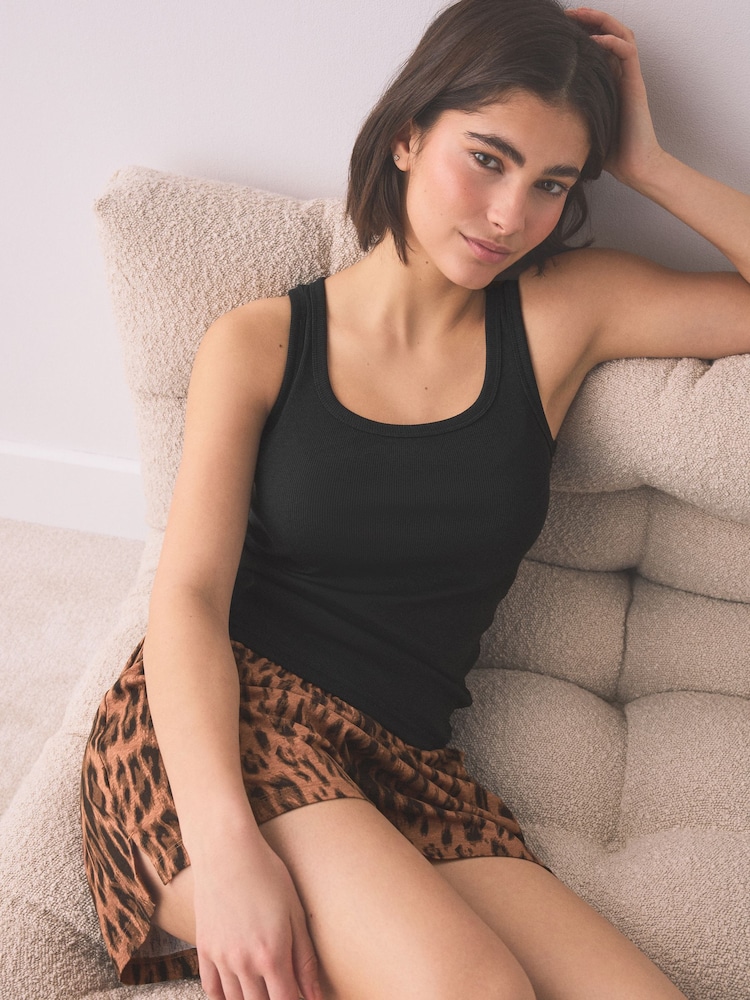 Dierenprint - Geribbelde pyjama met hemd en short - Afbeelding 1 van 9