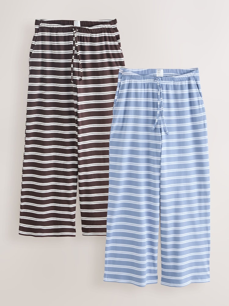 Blue/Brown Stripe Ribbed Pyjama Bottoms 2 Pack - Image 1 of 10