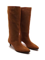 Off The Hook Brown Fern Suede Leather Slouchy Knee-High Kitten Heel Boots - Image 1 of 6