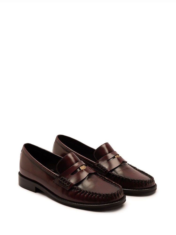 Off The Hook Brown Penelope Leather Penny Ruched Loafers - Image 1 of 6