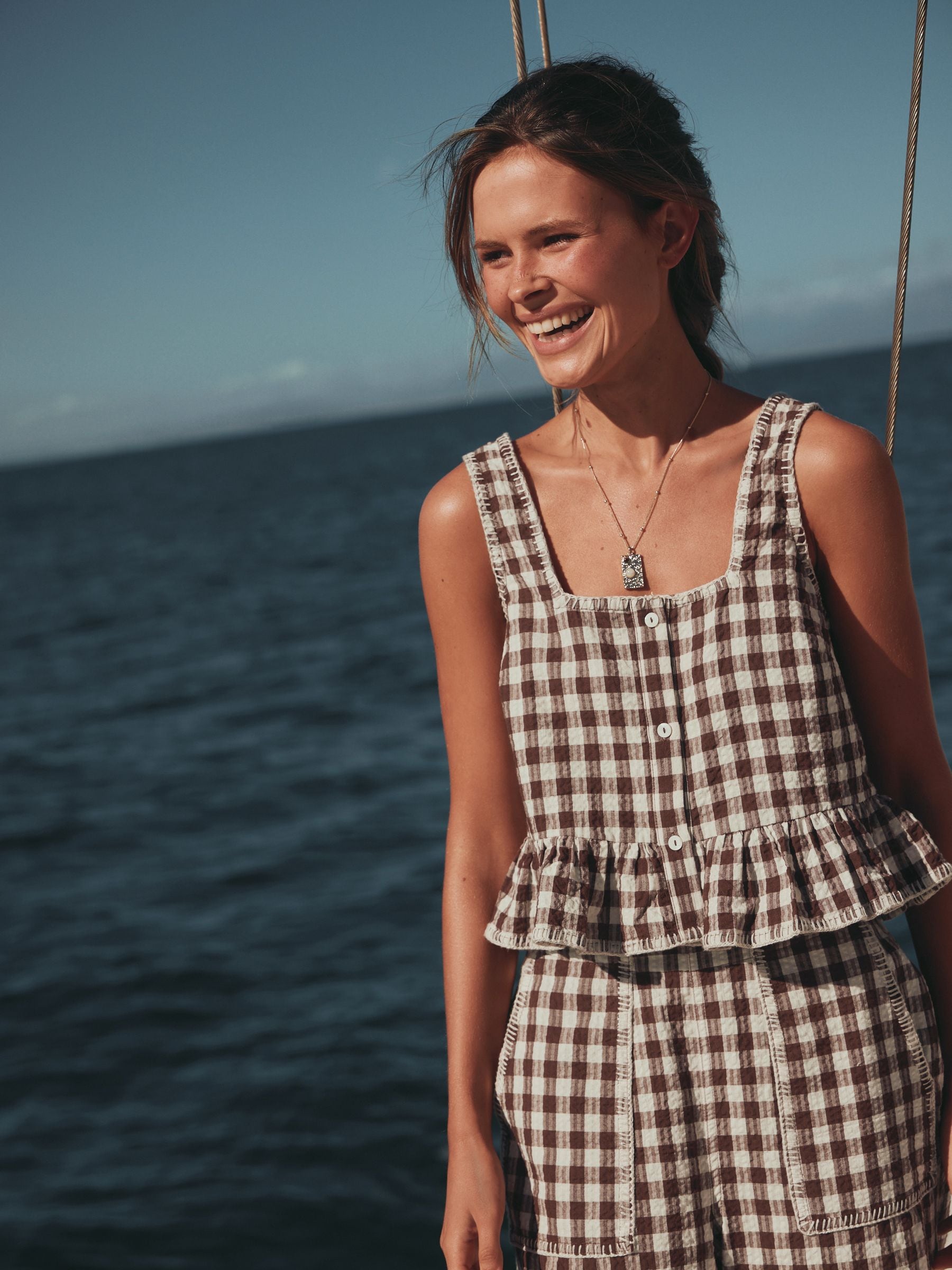 Buy Chocolate Brown Gingham Peplum Square Neck Top from the Next