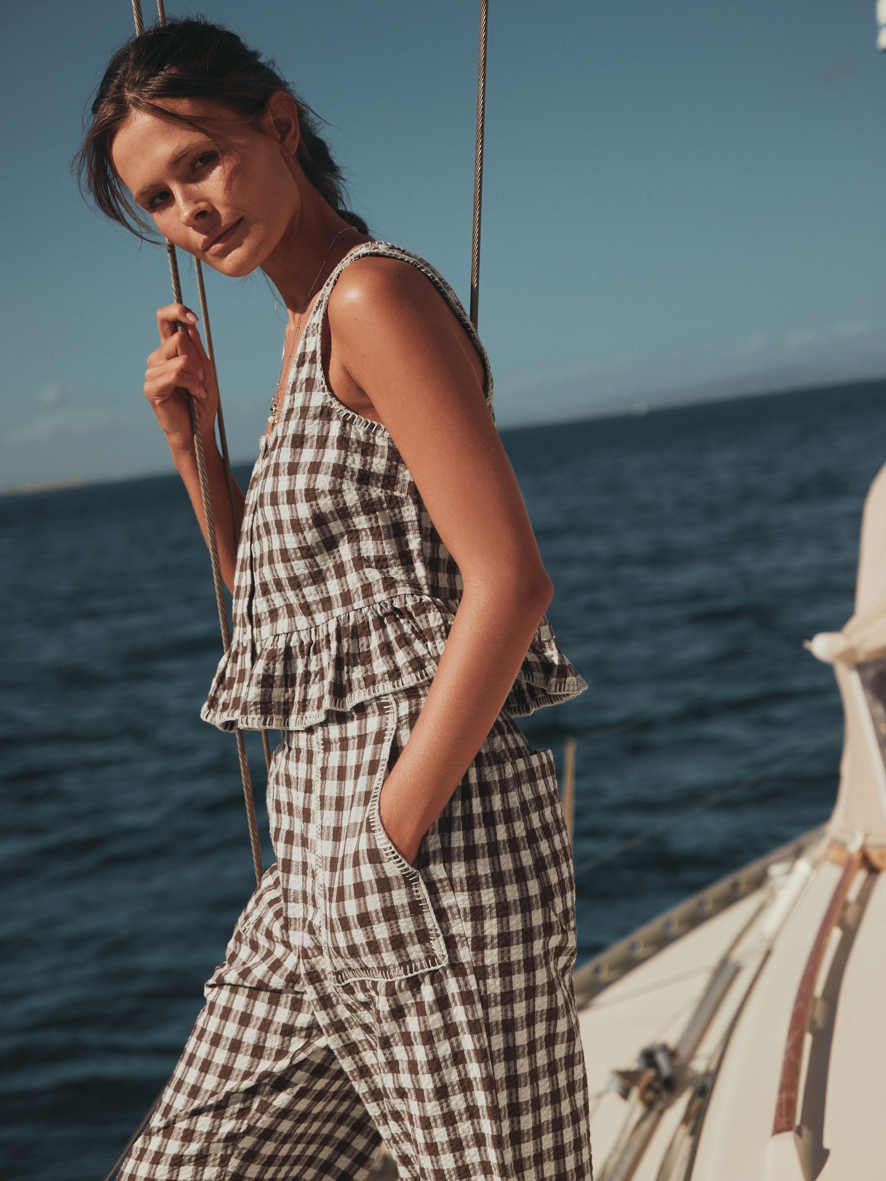 Buy Chocolate Brown Gingham Peplum Square Neck Top from the Next