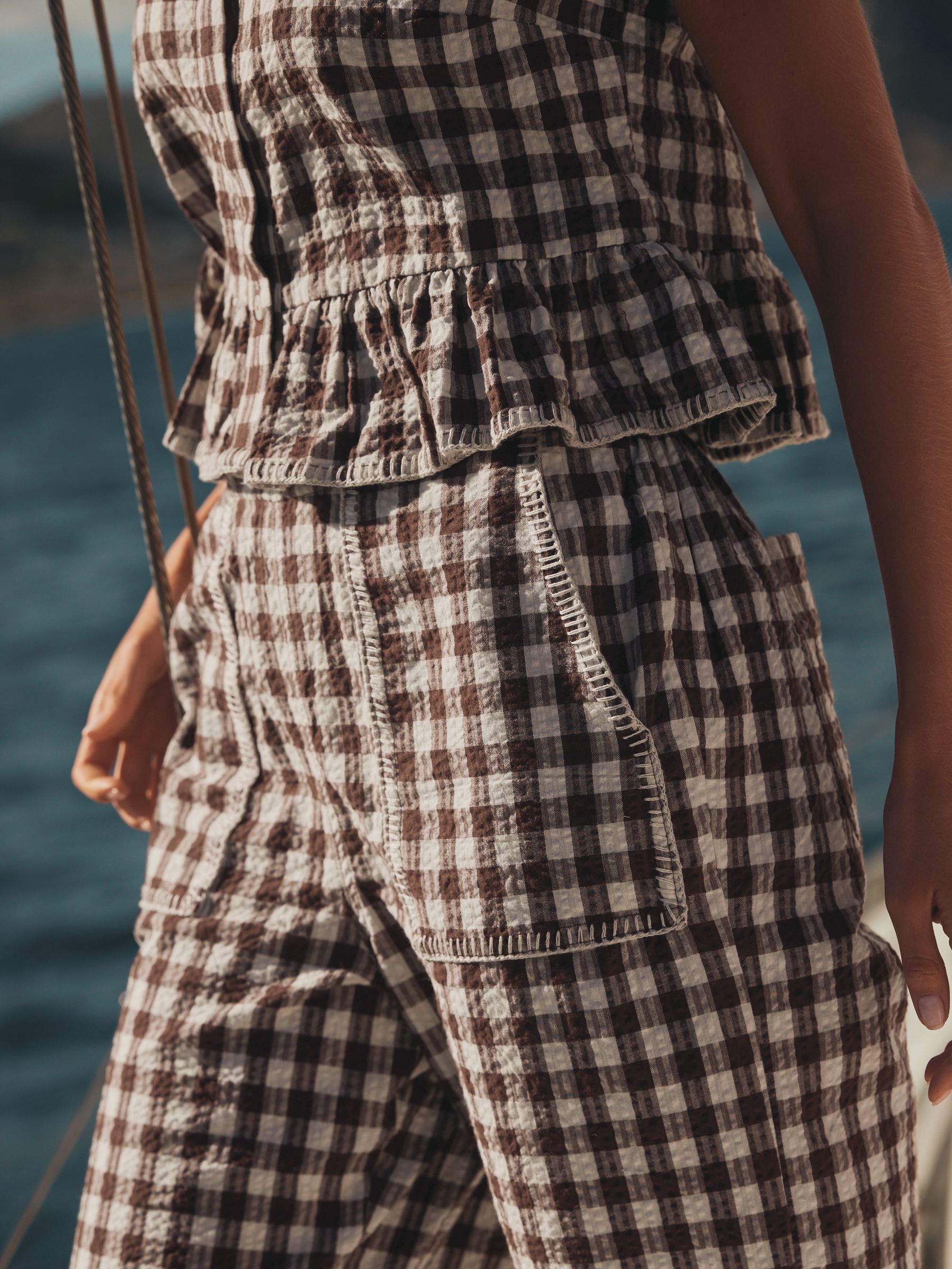 Buy Chocolate Brown Gingham Peplum Square Neck Top from the Next