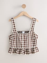 Chocolate Brown Gingham Peplum Square Neck Top - Image 6 of 8