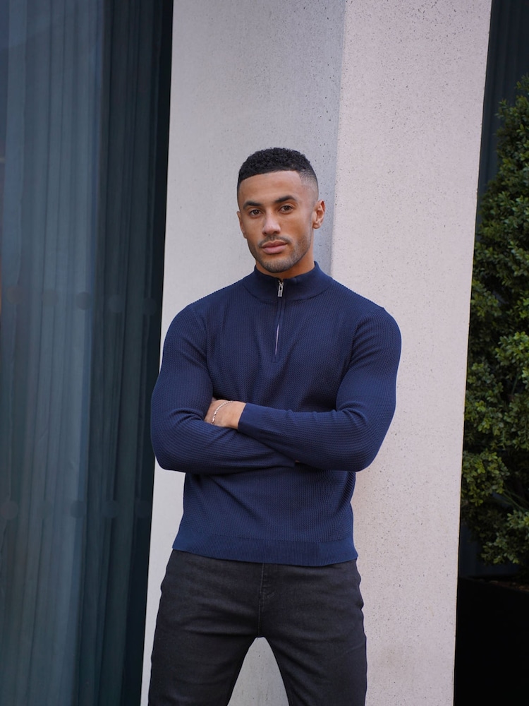 CAPO Blue Twist Cotton 1/4 Zip Jumper - Image 1 of 5 CAPO Blue Twist Cotton 1/4 Zip Jumper - Image 1 of 5