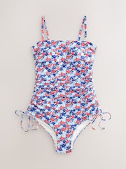 Navy Blue/Red Disty Floral Bandeau Ruched Leg Tummy Control Shaping Swimsuit - Image 8 of 11