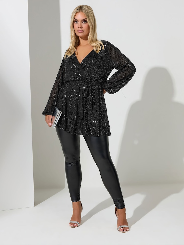Yours Curve Black London Long Sleeve Wrap Sequin Top - Image 2 of 4
