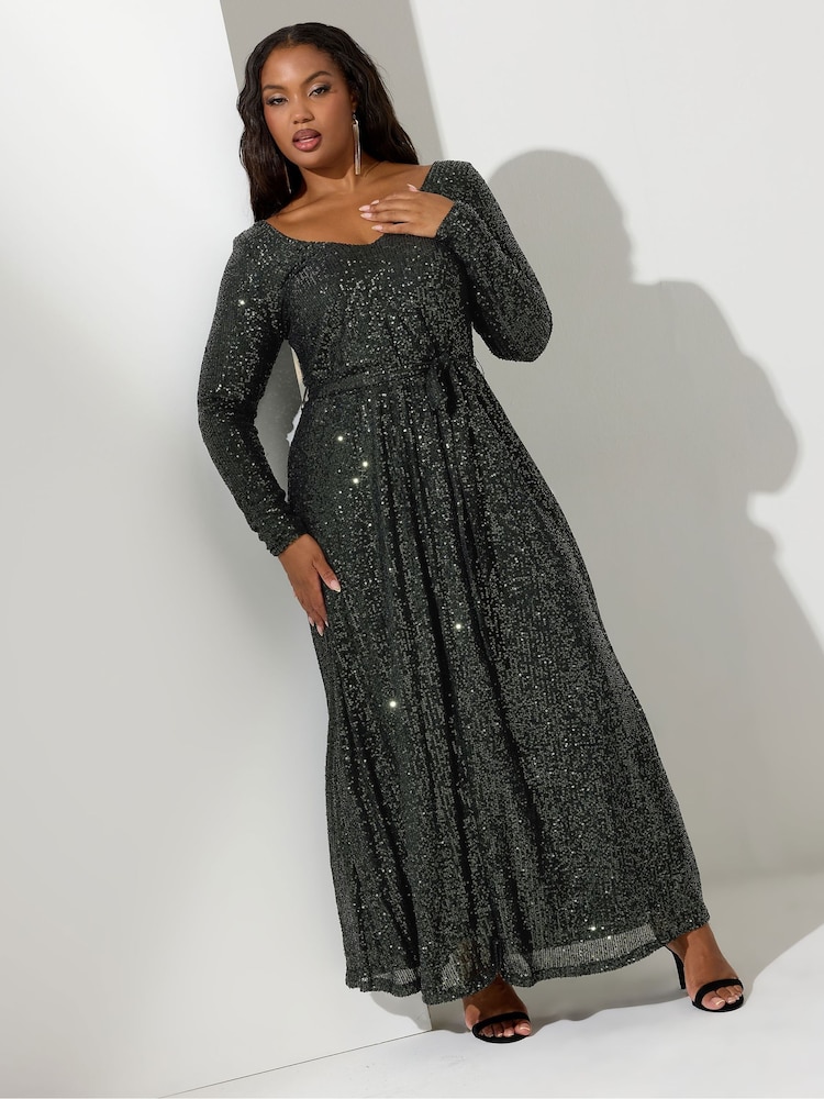 Yours Curve Green London Sequin V-Neck Long Sleeve Maxi Dress - Image 1 of 4