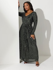Yours Curve Green London Sequin V-Neck Long Sleeve Maxi Dress - Image 2 of 4