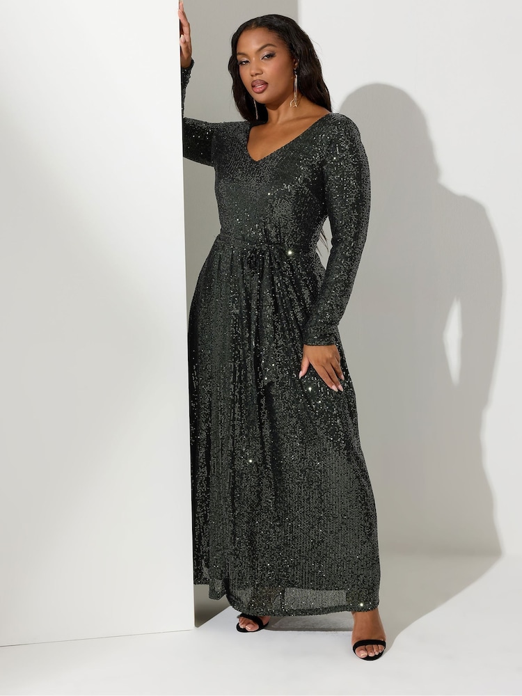 Yours Curve Green London Sequin V-Neck Long Sleeve Maxi Dress - Image 2 of 4