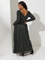 Yours Curve Green London Sequin V-Neck Long Sleeve Maxi Dress - Image 3 of 4
