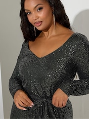 Yours Curve Green London Sequin V-Neck Long Sleeve Maxi Dress - Image 4 of 4