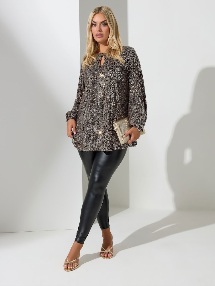 Yours Curve Gold London Sequin Keyhole Bellow Sleeve Top - Image 2 of 4