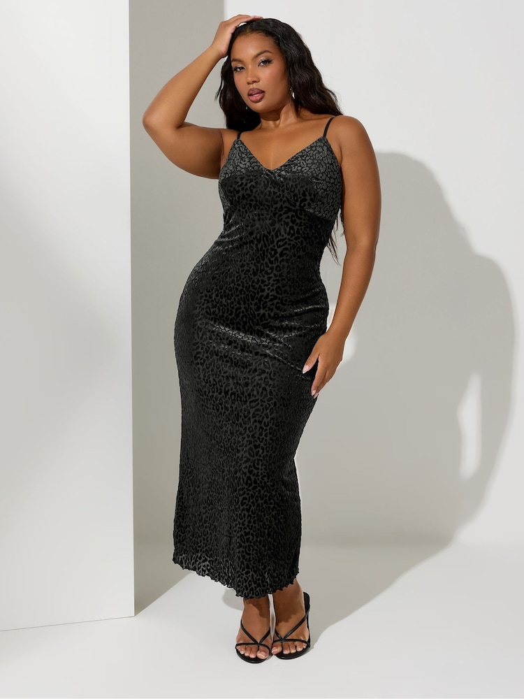 Yours Curve Black London Animal Burn Out Velour Column Dress - Image 1 of 4