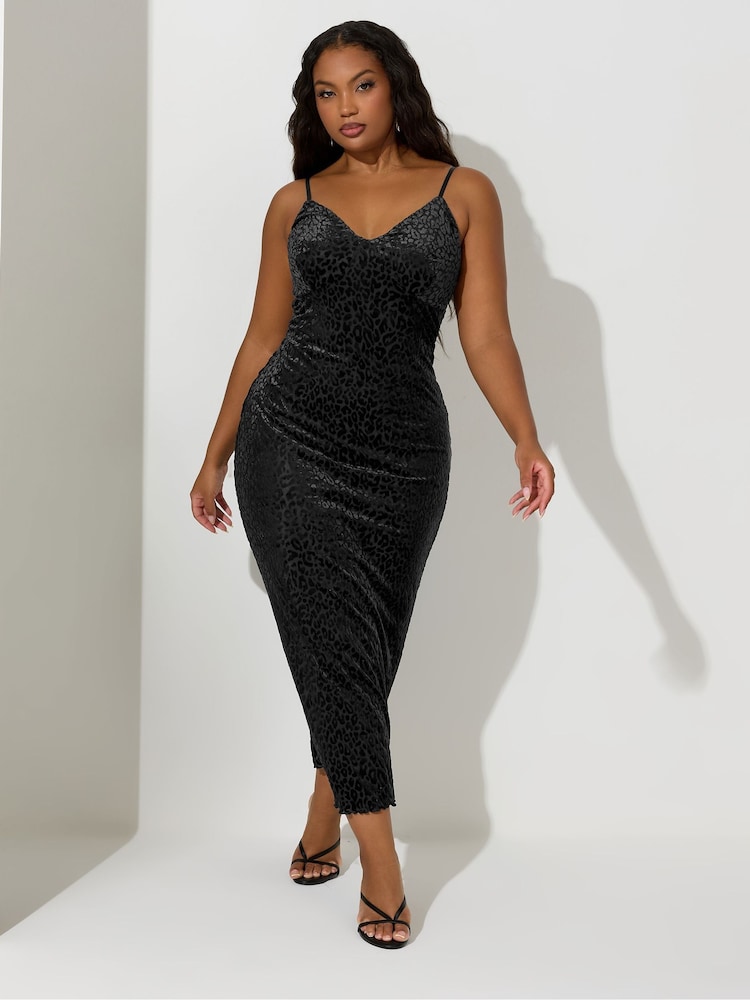 Yours Curve Black London Animal Burn Out Velour Column Dress - Image 2 of 4