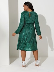 Yours Curve Green London Sequin Long Sleeve Skater Midi Dress - Image 3 of 4