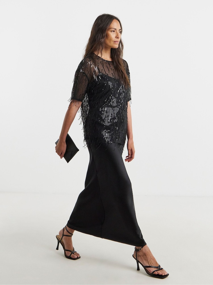 JD Williams Black Tassel Sequin Boxy Blouse - Image 1 of 4 JD Williams Black Tassel Sequin Boxy Blouse - Image 1 of 4