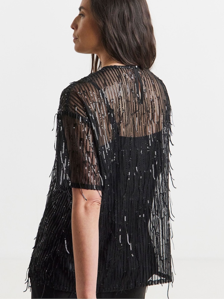 JD Williams Black Tassel Sequin Boxy Blouse - Image 2 of 4 JD Williams Black Tassel Sequin Boxy Blouse - Image 2 of 4
