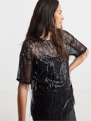 JD Williams Black Tassel Sequin Boxy Blouse - Image 3 of 4