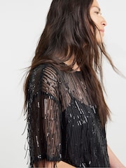 JD Williams Black Tassel Sequin Boxy Blouse - Image 4 of 4
