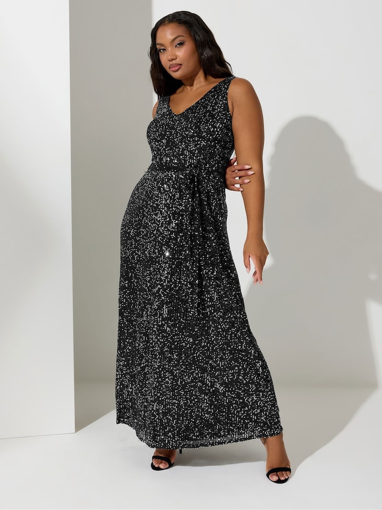 Yours Curve Black London Sequin V-Neck Maxi Dress - Image 1 of 4 Yours Curve Black London Sequin V-Neck Maxi Dress - Image 1 of 4