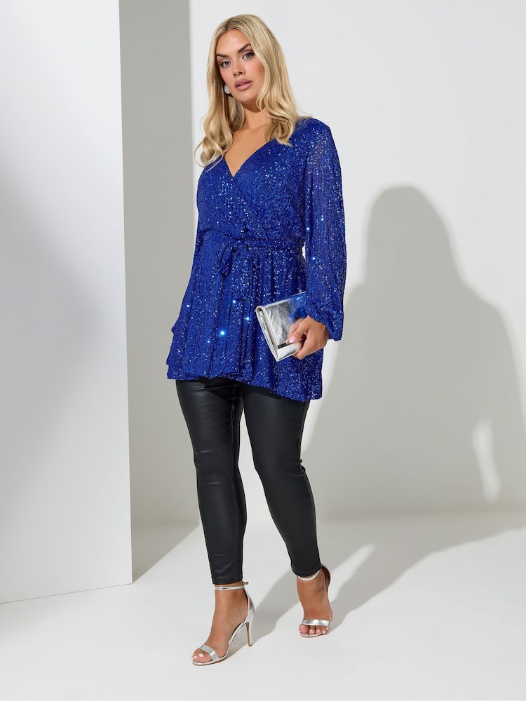 Yours Curve Blue London Long Sleeve Wrap Sequin Top - Image 2 of 4