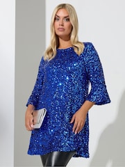 Yours Curve Blue London Sequin Flute Sleeve Top - Image 1 of 4