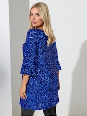 Yours Curve Blue London Sequin Flute Sleeve Top - Image 2 of 4