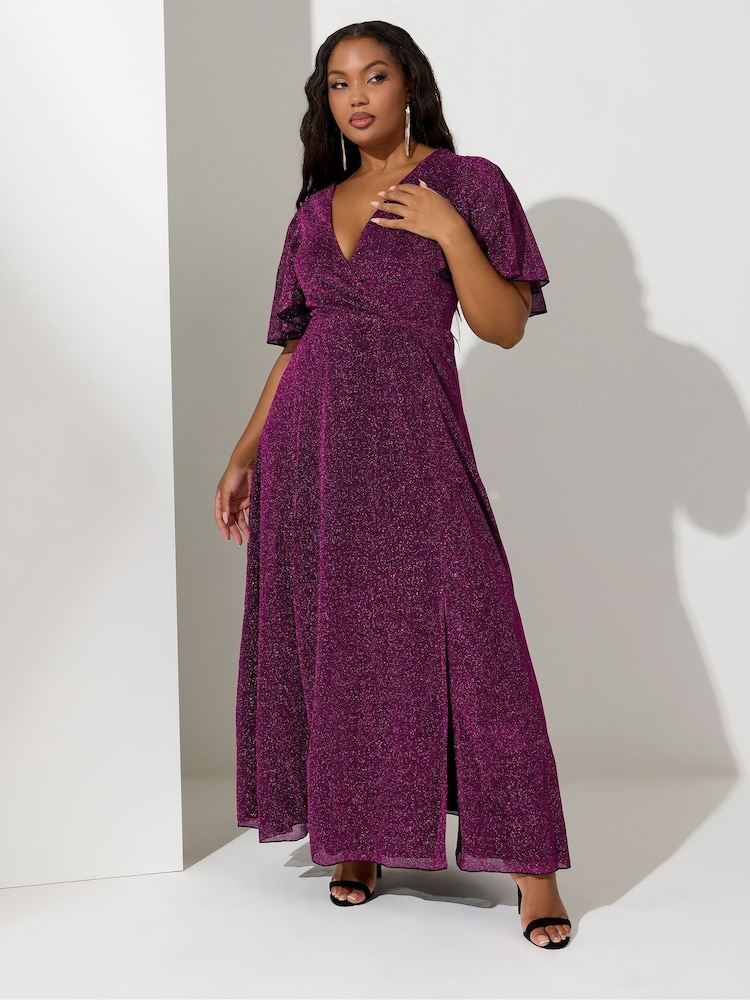 Yours Curve Pink London Metallic Wrap Maxi Dress - Image 1 of 4 Yours Curve Pink London Metallic Wrap Maxi Dress - Image 1 of 4