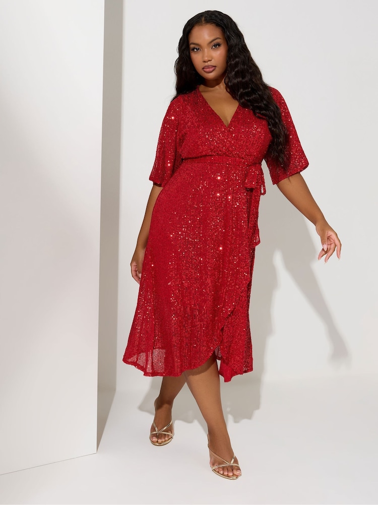 rdeča - Yours Curve London Sequin Wrap Dress - Slika 2 iz 4
