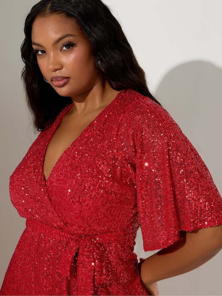 Yours Curve Red London Sequin Wrap Dress - Image 4 of 4 Yours Curve Red London Sequin Wrap Dress - Image 4 of 4