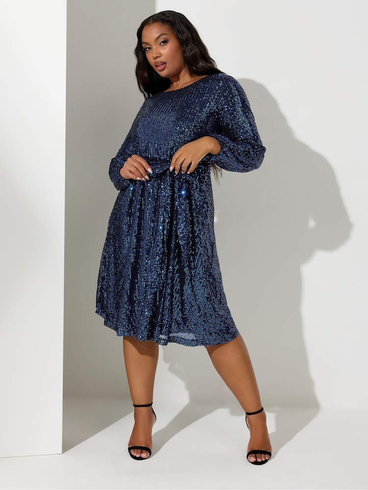 Yours Curve Blue London Sequin Long Sleeve Skater Midi Dress - Image 1 of 4 Yours Curve Blue London Sequin Long Sleeve Skater Midi Dress - Image 1 of 4